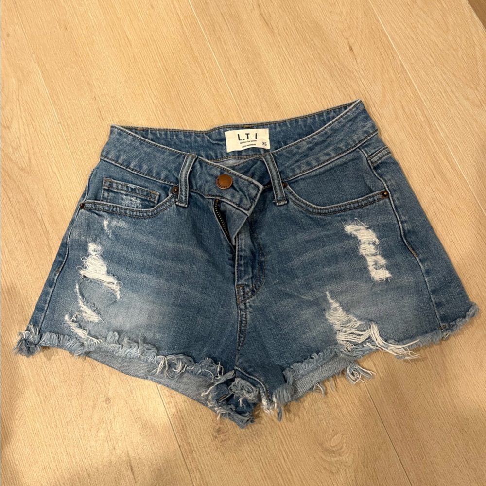 Blue Distressed Jean Shorts with Frayed Hem